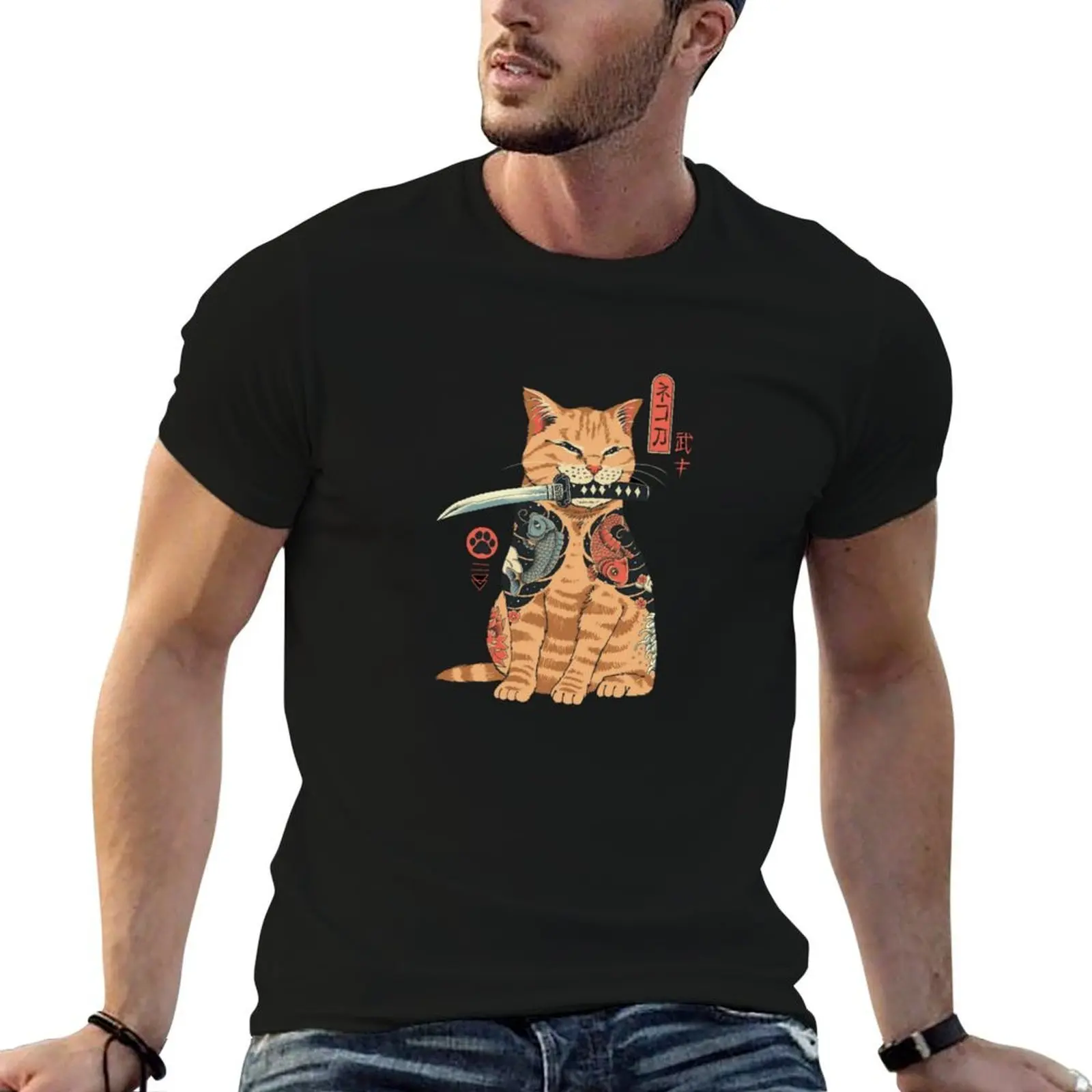 

A yellow cat with a tattoo and a knife in its mouth T-Shirt graphic t shirts for man t shirt for man T-Shirt