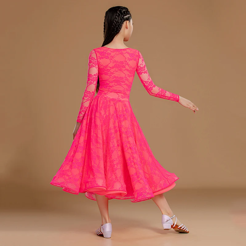 노란색 볼룸 댄스 의상 표준 현대 댄스 정장 소녀 긴 소매 레이스 성능 착용 왈츠 경쟁 드레스 VDL3491