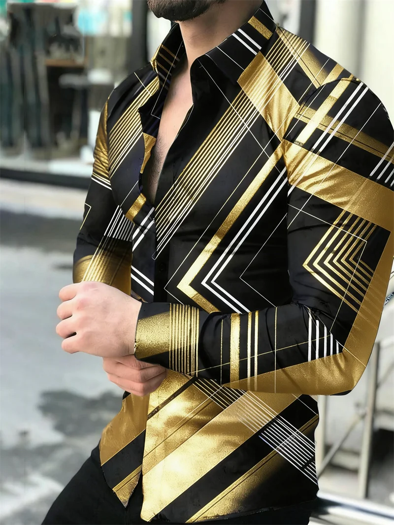 New Geometric Pattern Men's Fashion Shirt Long Sleeved Slim Fit Fashion Casual Top Men's Clothing Line Top