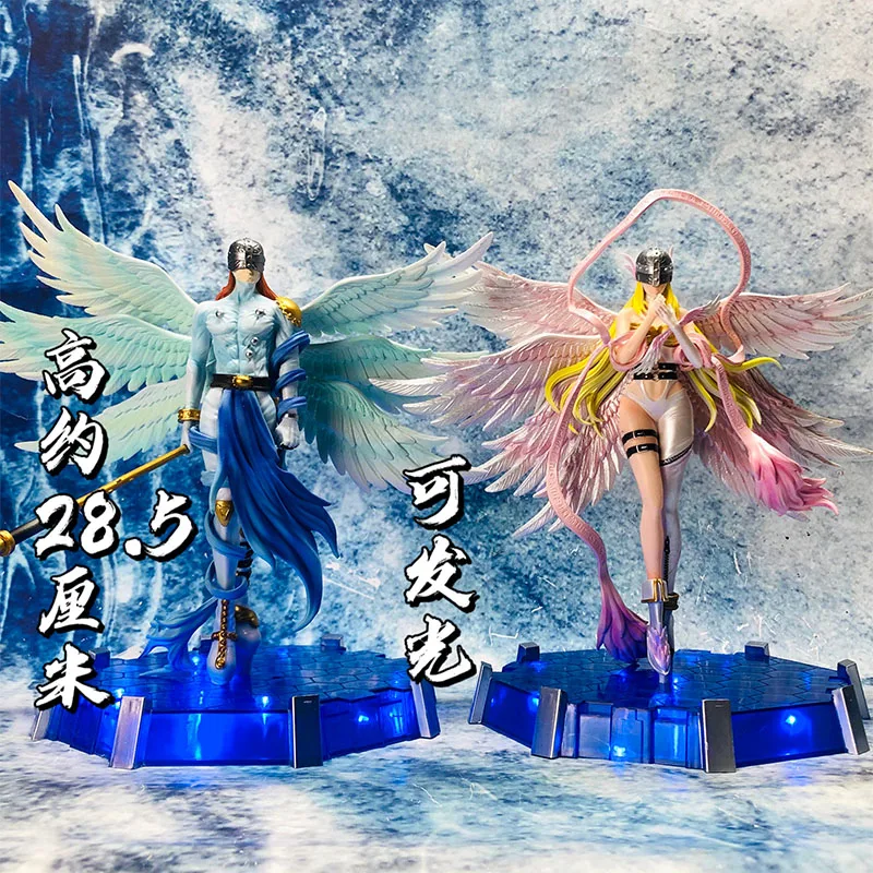 28cm Anime Figure Digimon Adventure Gk Angemon With Lights Model Angewomon Action Figurine Decoration Collection Toy Kids Gifts