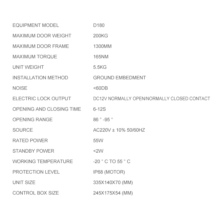 D-180S Two Side Open Hot Sell Pinch Door Frame Automatic Glass Door Opener Closer 180kg Floor Spring Opener