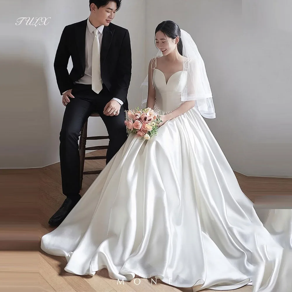 

TULX Elegant Ivory Satin Wedding Dress Korea Photo Shoot Sweetheart Strap A line Long Corset Bridal Gowns Customized 웨딩드레스