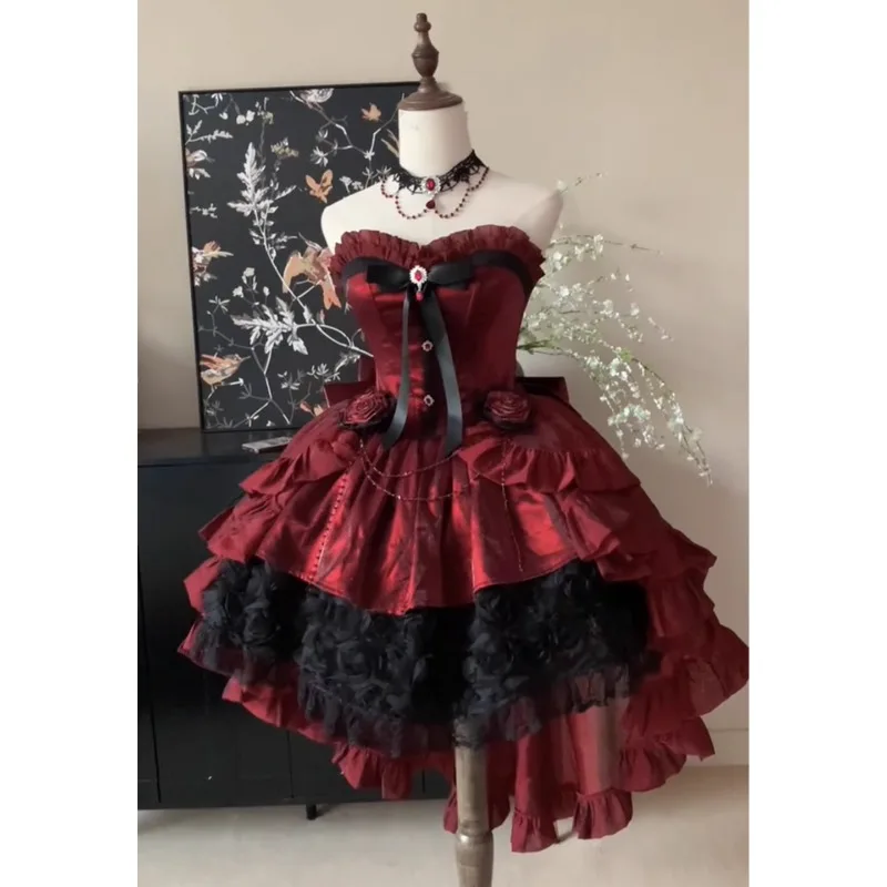 2025 New Japanese Black Red Rose Goth Gorgeous Trailing Lolita Elegant Cute Tube Top Thin Dress For Women