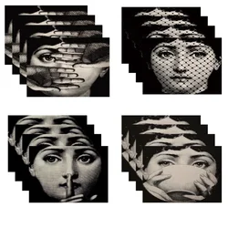 1/4pcs Linen Square Placemats Pretty Girl Pattern Mat Black White Art Western Food Coffee Mat Hotel Table Pad Room Decoration