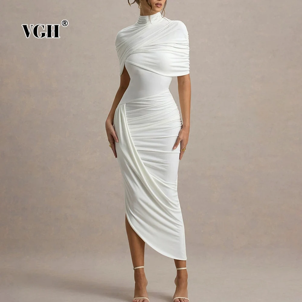 

VGH Slim Fit Solid Elegant Folds Dresses For Women Turtleneck Short Sleeve High Waist Temperament Dress Female Fashion Style New