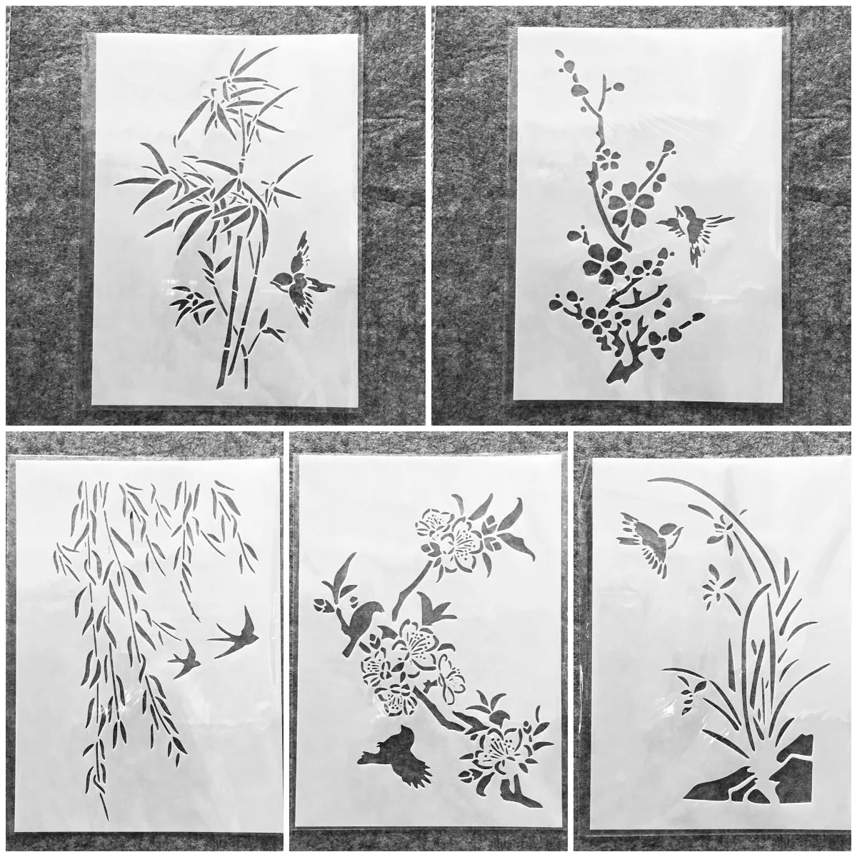 5Pcs/Set A4 29cm Bird Grass Bamboo Plum DIY Layering Stencils Painting Scrapbook Coloring Embossing Album Decorative Template