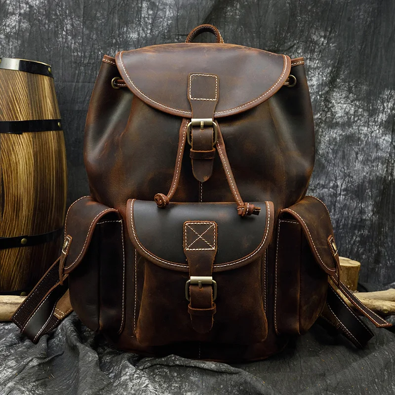 Vintage Crazy Horse Leather Mens Backpack Thick Genuine Leather Women Rucksack Big Capacity Travel Bag School Backpack