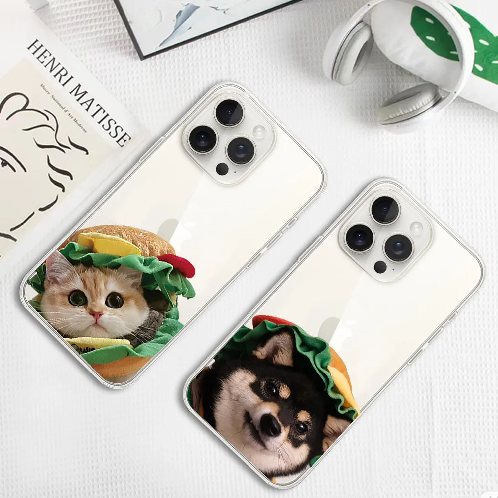 Hamburg Cat Dog Cute Phone Case for iPhone 12 11 13 14 15 16 Max Pro Plus Transparent Cover