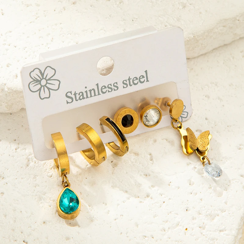 ANENJERY 316L Stainless Steel 6 Pieces Colorful Zircon Flower Bowknot Earring for Women Fashion Vintage Jewelry Wholesale
