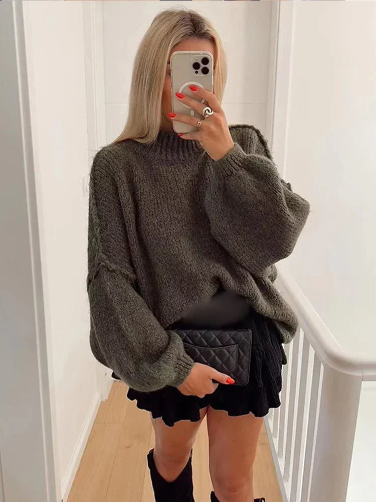 Casual Women Sweaters Oversized Warm Knitted Pullover Solid O-Neck Long Lantern Sleeve Sweater Lady Autumn Commuting Knitwear