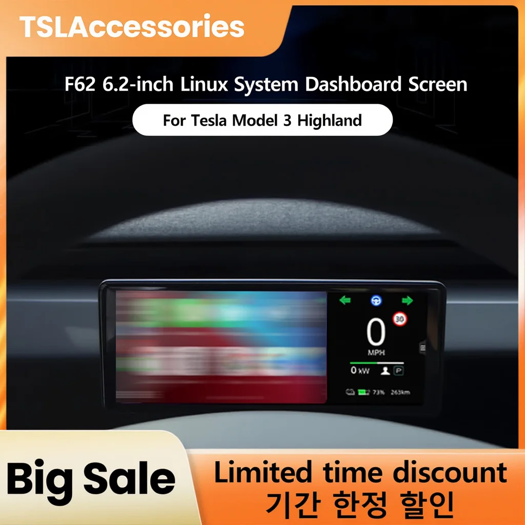

TSLAccessories F62 Plus 6.2‘’ Dashboard Screen for Model 3 Highland Linux Instrument Cluster Blind Spot Warning Car Accessorie