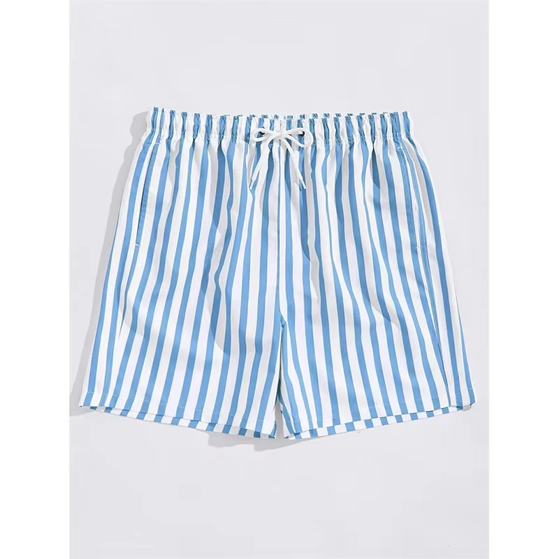 Thin Vertical Stripes Print Beach Short Men's Clothing Summer Daily Vacation Casual Quick Dry Board Shorts Drawstring Loose Pant
