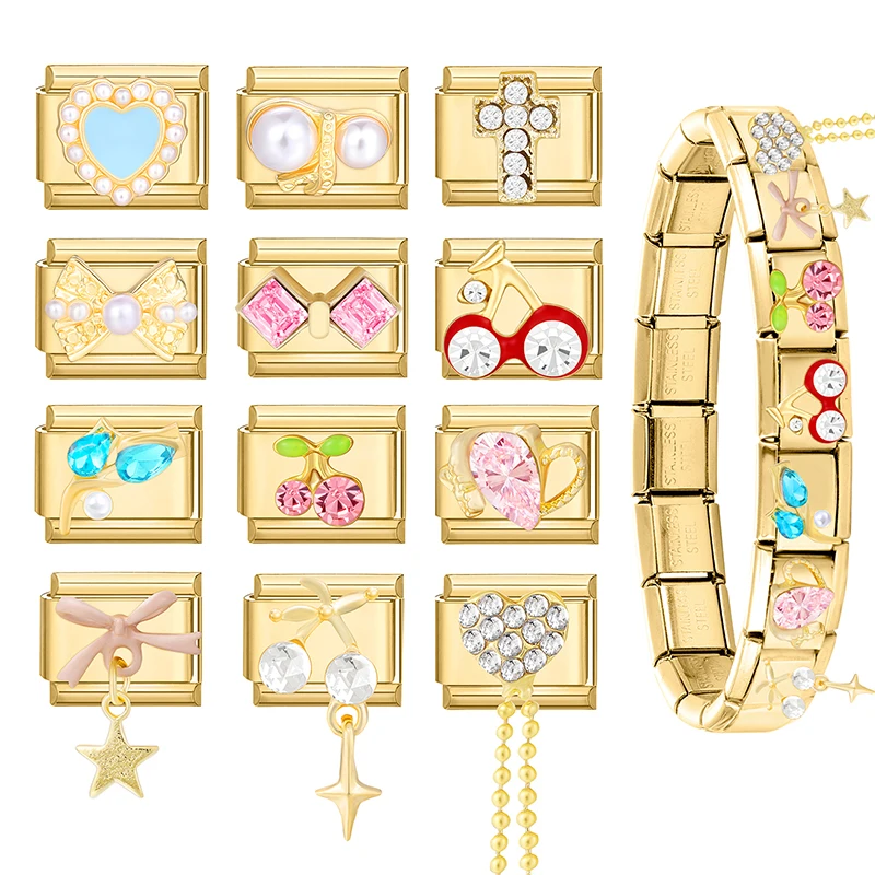 الزركون القلب القوس الكرز الصليب ستار القمر اللؤلؤ الذهب اللون الإيطالية سحر الروابط صالح 9 مللي متر الفولاذ المقاوم للصدأ سوار المرأة DIY بها بنفسك صنع