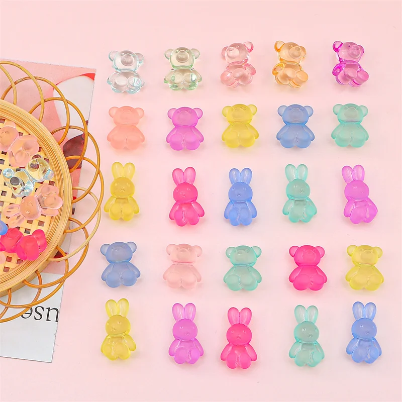 10pcs Random Mixed Colors Frosted Transparent Cute Bear Rabbit Beads Charm for DIY Jewelry Craft Making Accessories