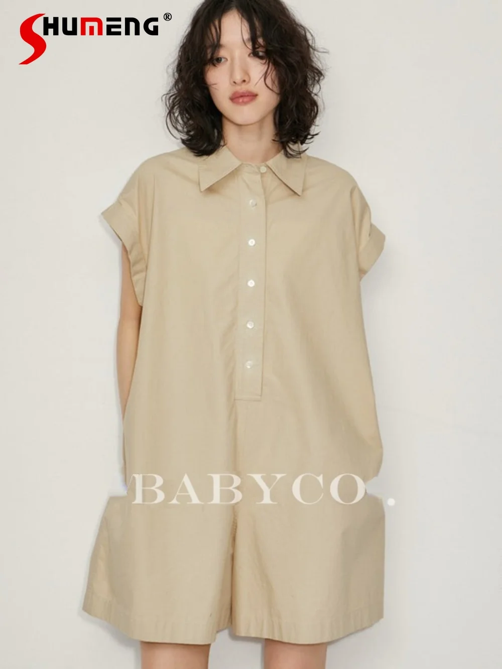 French Vintage Loose Casual Safari Style Wide Leg Jumpsuit Shorts Shirt Japanese Office Lady Casual Long Short-sleeved Blouses