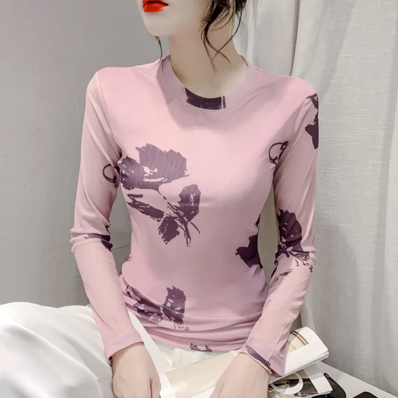 #8686 Pink Printed Mesh T Shirt Women Round Neck Tight Tshirt Female Long Sleeve Office Retro Streetwear T-shirt Korean Fashion