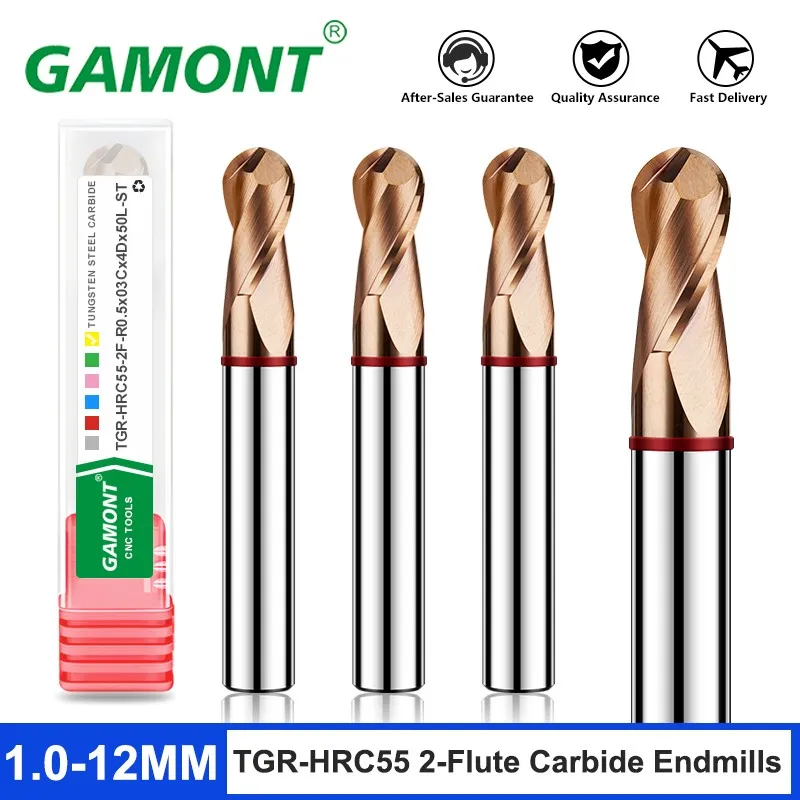 GAMONT TGR-HRC55 2F Color Circle Ball Nose End Mill Tungsten Steel Carbide Milling Cutter For CNC Machining Endmills Tools