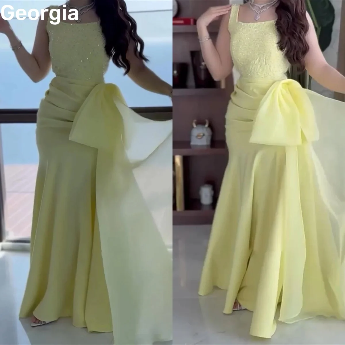 

Yellow Prom Dress Women Square Neckline Customize Elegant Dresses For Women Ruffle Floor-Length Zipper Sleeveless Prom Dresses
