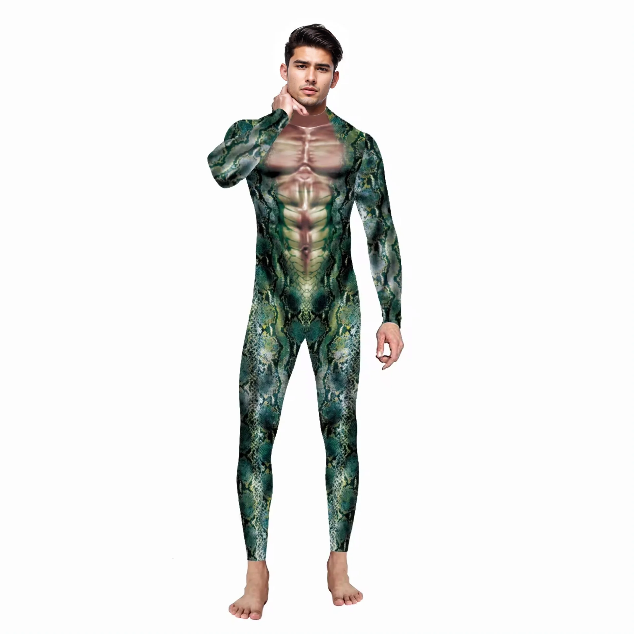 

Mardi Gras Purim Halloween Women Sexy Green Snake Pattern Bodysuit Men Costume 3d Printed Jumpsuits Couple Cosplay Costumes