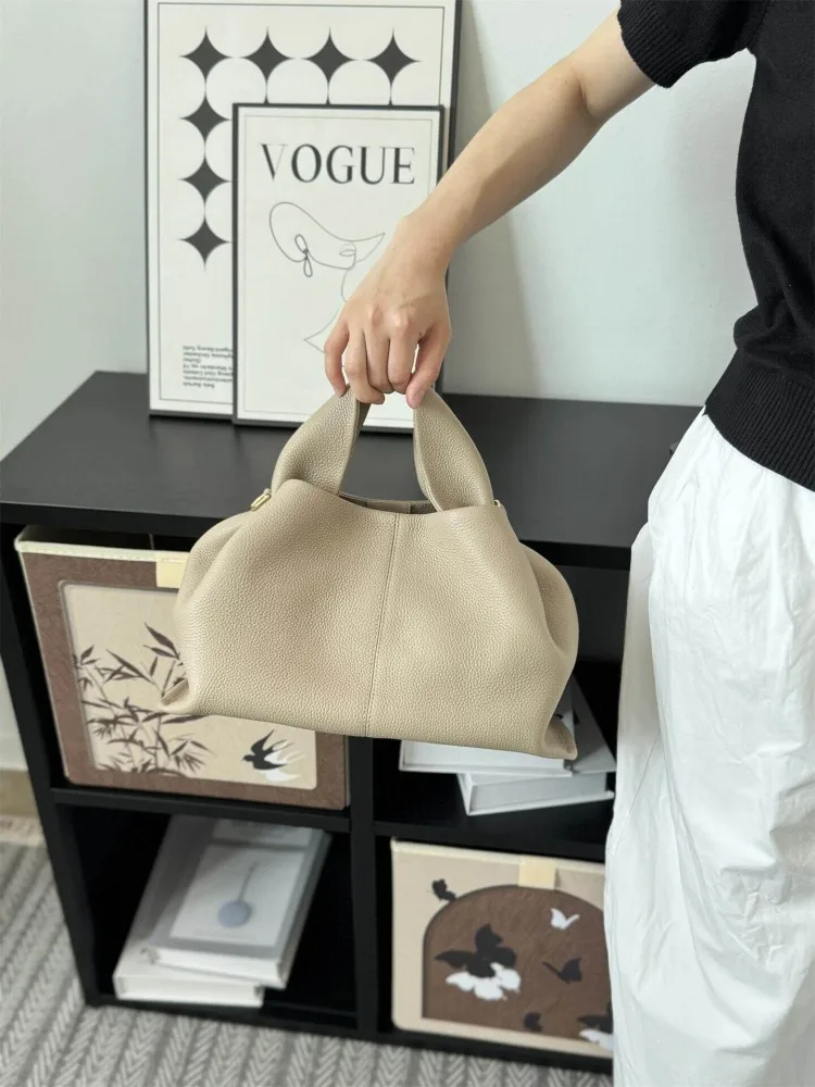 Designer Womens Sweet Light Gray Buckle Genuine Leather Casual Single Shoulder Bag Fashion Ladies Totes Crossbody Underarm Bag