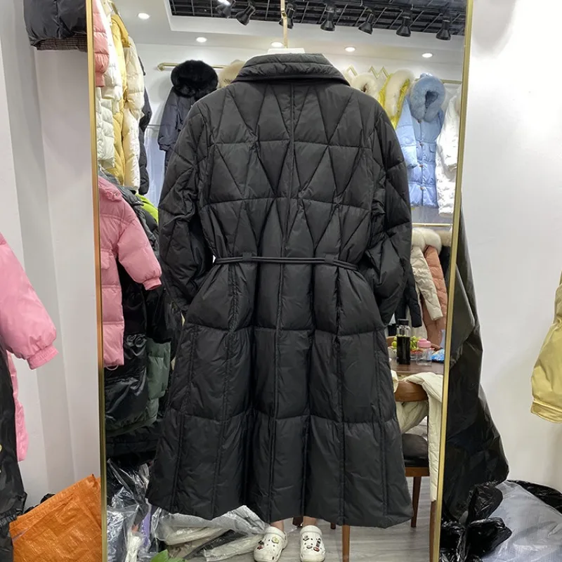 Lightweight Down Jacket for Women Mid Length Waistband Diamond Plaid Lapel Over Knee Jacket for Autumn/winter