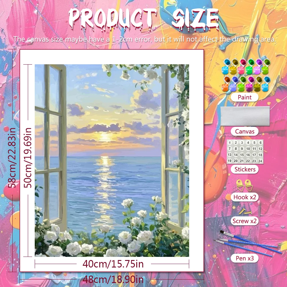 Huacan DIY Painting By Numbers Window Sea Digital Oil Painting White Rose Flower Paint By Number Scenery Landscape Home Decor