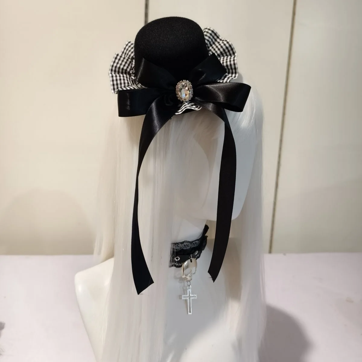 レトロゴシックブラックホワイトグリッドフリルパンクボウハイピンコミコン小さなシルクハットショーロリータ帽子アクセサリー