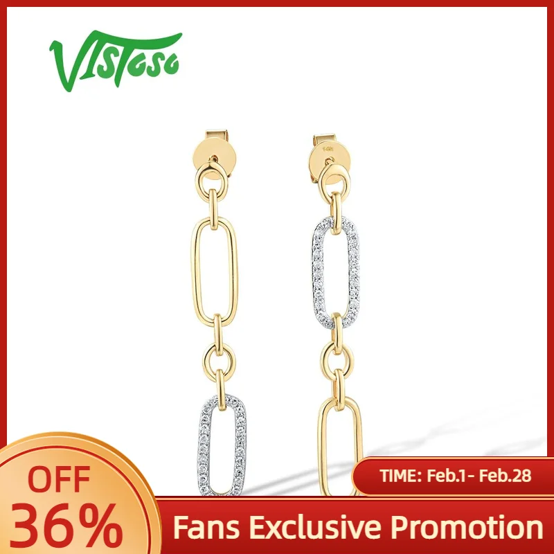 

Женские серьги-капли VISTOSO из чистого желтого золота 14 карат 585, сверкающая бриллиантовая цепочка и звенья, современные подарки для повседневного ношения, ювелирные изделия