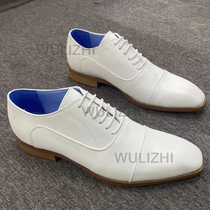 

White Men Wedding Leather Shoes Lace-Up Flat Square Blue Lining Loafer Casual Sport Party Concise Sneakers Simple Summer Size 48