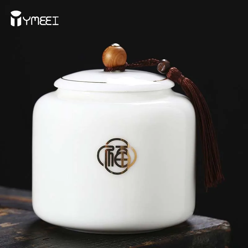 

YMEEI Tea Containers Large Size Ceramic Tea Box Storage Tank High-grade White Porcelain Chinese Style Tea Storage Caddy Utensil