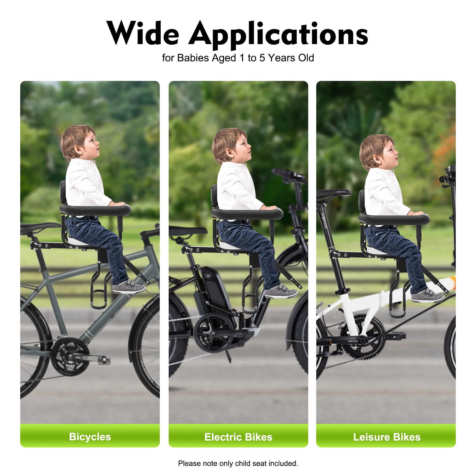 مقعد دراجة للأطفال مثبت على الأمام، حامل أطفال مثبت ثنائي النقاط 80 كجم، كرسي حماية آمن للدراجة الإلكترونية