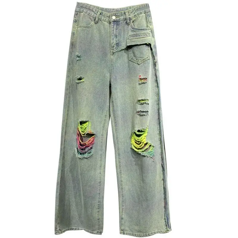 Calça jeans feminina de cintura alta solta com zíper, bolsos de botão, borla colorida, buraco, roupa feminina da moda jovem, nova, outono, 2024