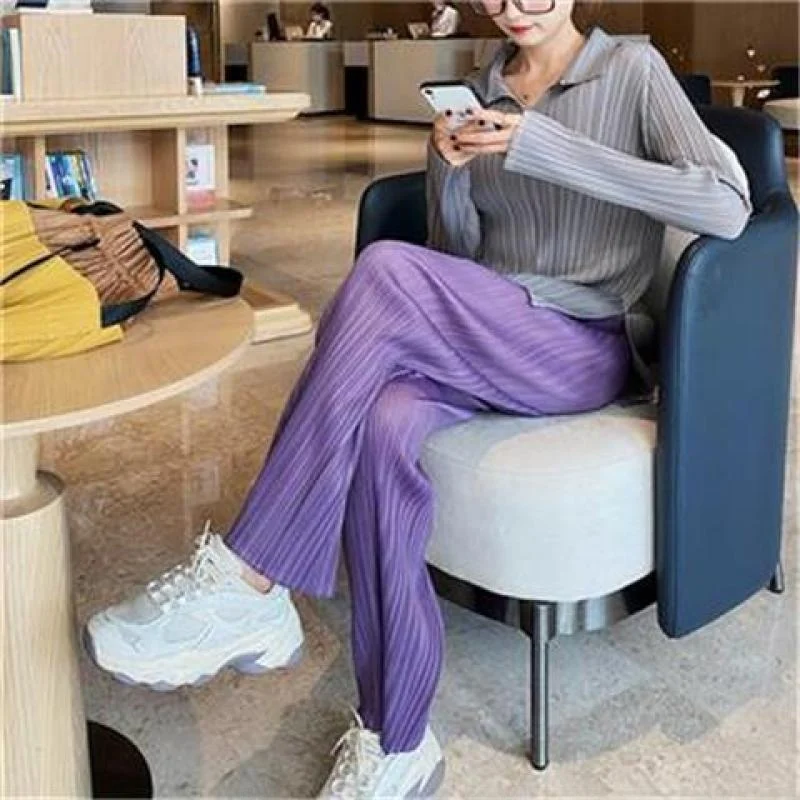 High Waist Straight Leg Pants Women's Draped Skirt Pleated Loose Nine Points Pleated Pants Elastic Waist Home Folded Three 012