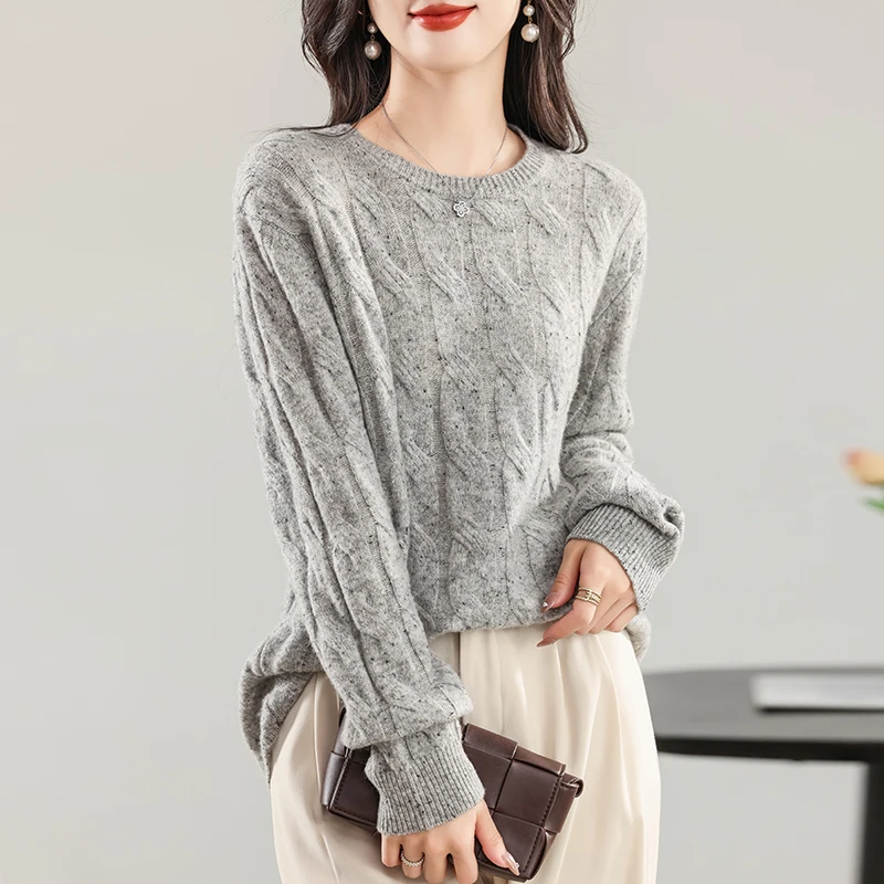 Autumn and Winter 2024 New round Neck Women's Sweater Simple Twisted Flower Knit Casual All-Match 100% Wool Pullover