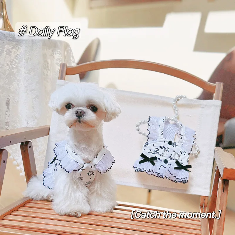 Летняя шлейка для собак, белая, черная шлейка с цветочным узором, платье для домашних животных, кошек, белый жилет для щенков, комплект поводков для чихуахуа, йоркширского терьера