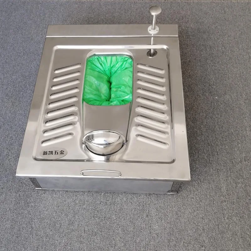 Stainless steel squatting toilet, water-free flushing, foot-pedal packing