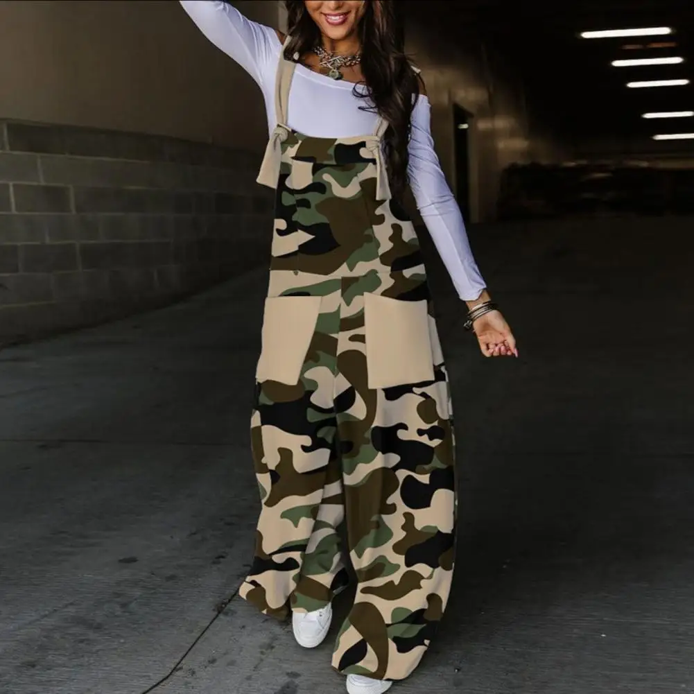 Women Jumpsuit Wide Leg Loose Sleeveless Lady Overall Camouflage Print Lace-up Strap Pockets Casual Lady Jumpsuit