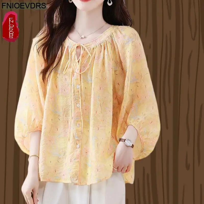

Loose Clothes Women 2025 Summer Short Sleeve Yellow Retro Vintage Shirts Floral Print Baby Shirt Design Bow Tie Tops