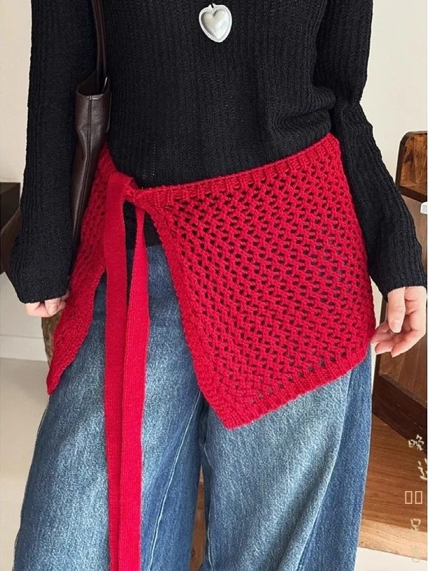 

Большая вязаная ажурная юбка-шарф с поясом для женщин, осенне-зимняя короткая юбка А-силуэта с высокой талией, высокое качество