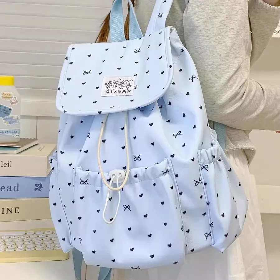 Women's Heart & Bow Print Backpack, Drawstring Flap School Bag, Cute Casual Daypack for Teens & Students