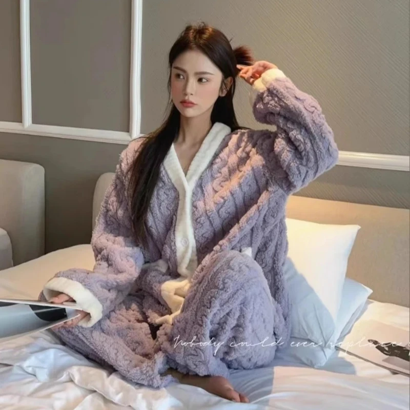 2PCS/Set Women Thickened Warm Fall Winter Pajamas Long-Sleeved Solid Flannel Striped Homewear Nursing Loungewear Ladies Clothes