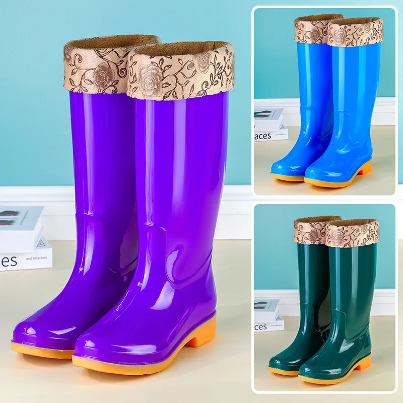 Women's High-Tube Fleece Lined Woman Rain Boots No-Slip Wear-Resistant Warm PVC Material Bottom Labor Protection Women's Shoes