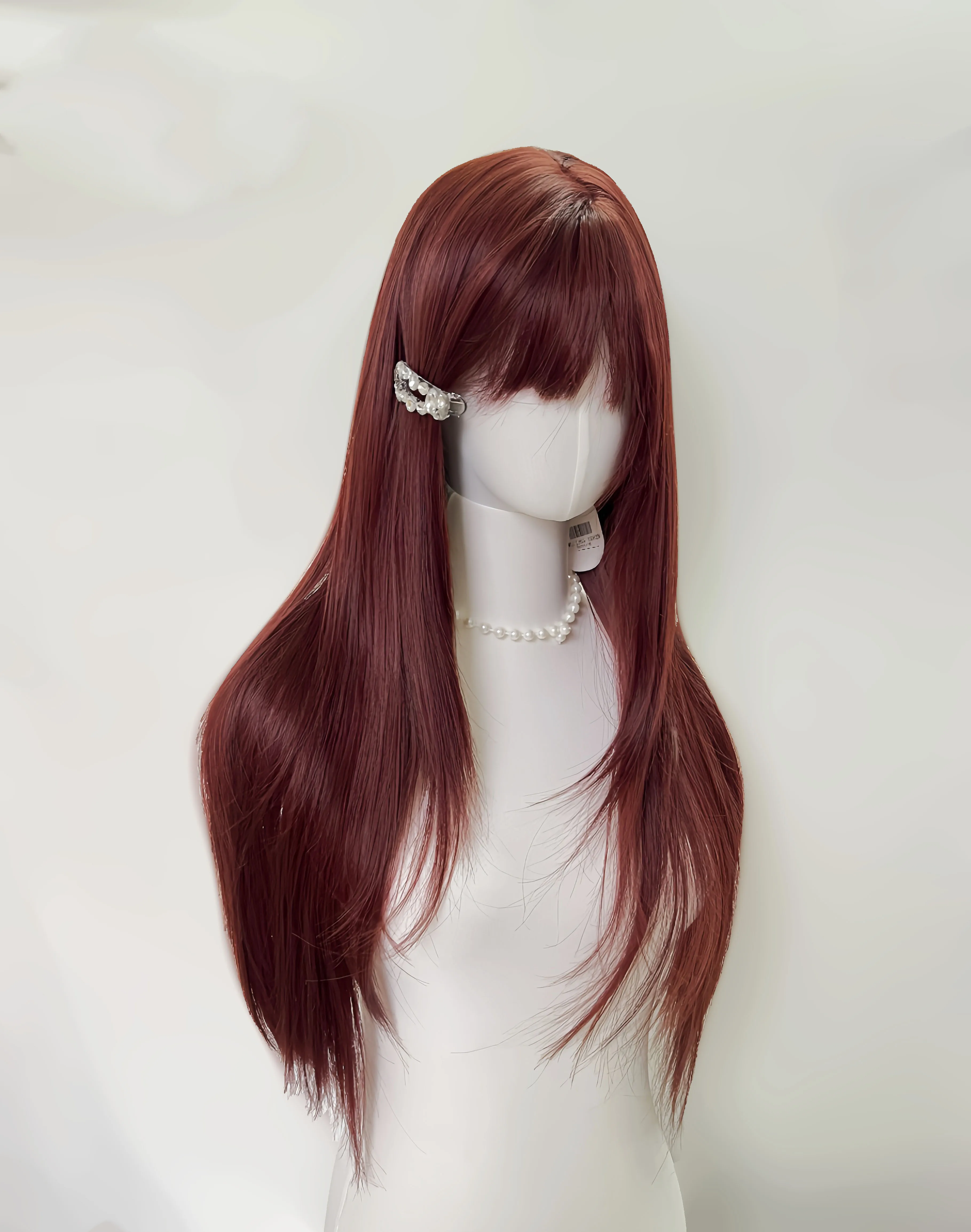بورجوندي شعر مستعار أحمر للنساء طويل مستقيم عقال شعر مستعار مع الانفجارات لوليتا مقاومة للحرارة بيروكات صناعية للفتيات الاستخدام اليومي حفلة #4