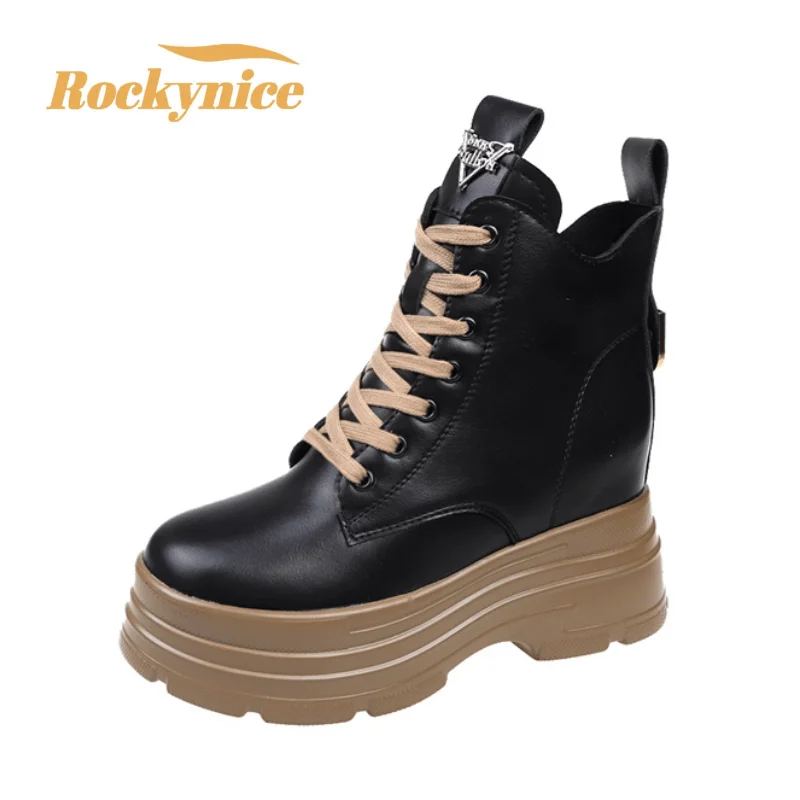 Leather Ankle Boots for Women New 2023 Autumn Winter Warm Motorcycle Boots Woman Vintage Lace Up Snow Fur Shoes 10CM High Heels