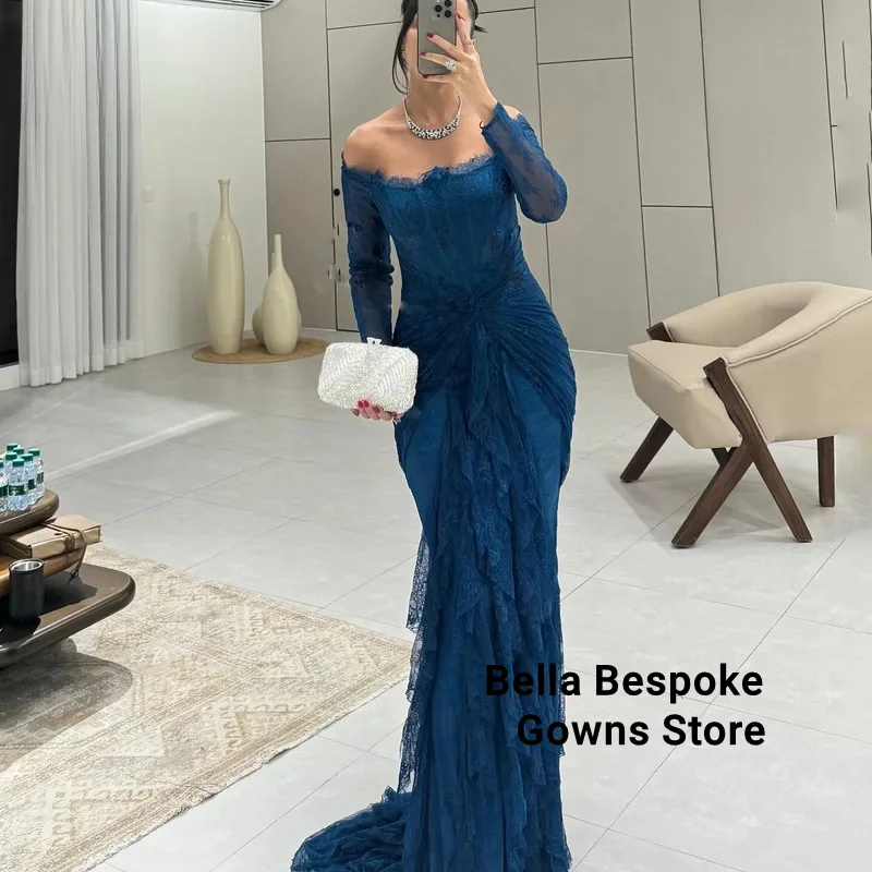 

Pretty Blue Dubai Lace Evening Dresses Burgundy Off Shoulder with Ruffles Mermaid Wedding Dresses Prom Party Gown Customized