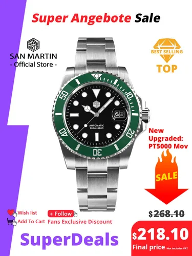 San Martin nuevo 40mm agua fantasma reloj de buceo hombres de lujo NH35 PT5000 reloj mecánico automático zafiro impermeable 200m SN0017
