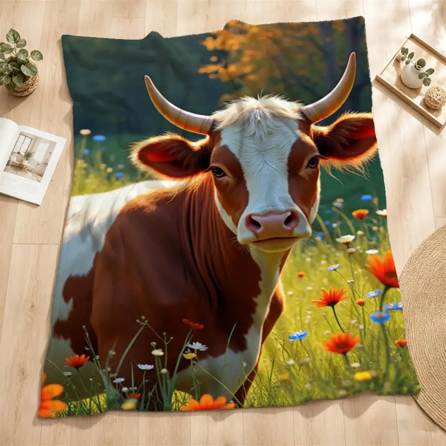 Cozy Cow & Wildflower Meadow Flannel Throw Blanket-Soft, Warm Digital Art Print Ideal for Couch, Bed, Office & Travel Perfect Gift for Friends & Family Machine Washable 2D Flat Weighted Blanket 280GS, 2D Flat