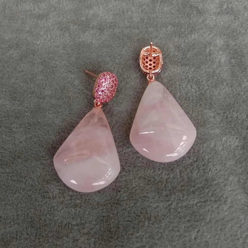 YYGEM 20x24mm Natural Fan Shape Rose Quartz Drop Fuchsia Cz Pave Stud Earrings