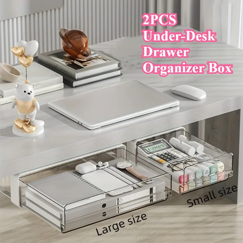 

2PC Sliding Desktop Drawer Organizer Hidden Adhesive Drawer Storage Box for Office Desk Pen Holder Under Table Cosmetics Storage