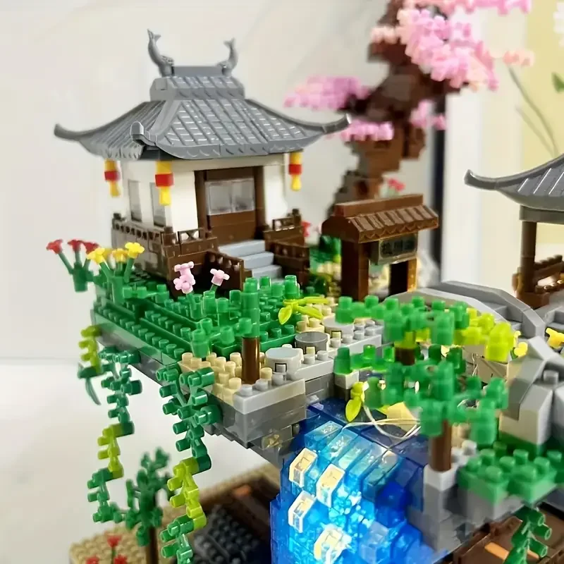 Architecture-Themed Micro Building Blocks Set, ABS Plastic, Chinese Peach Blossom & Bonsai Tree Design, Collectible Model Kit